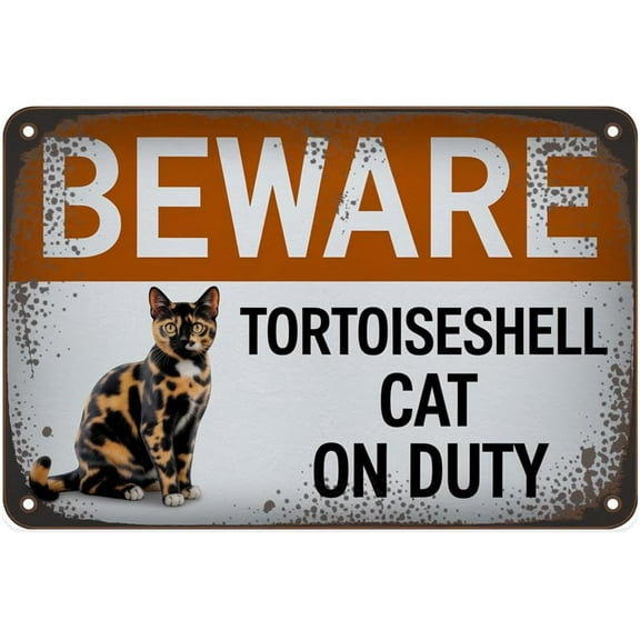 Tortoiseshell Cat tin sign, Vintage Beware Cat On Duty Metal Sign print Aesthetic Room Decoration for Home Bedroom Kitchen Bar Coffee Bathroom Indoor Outdoor Wall Decor, 8 X 12 IN