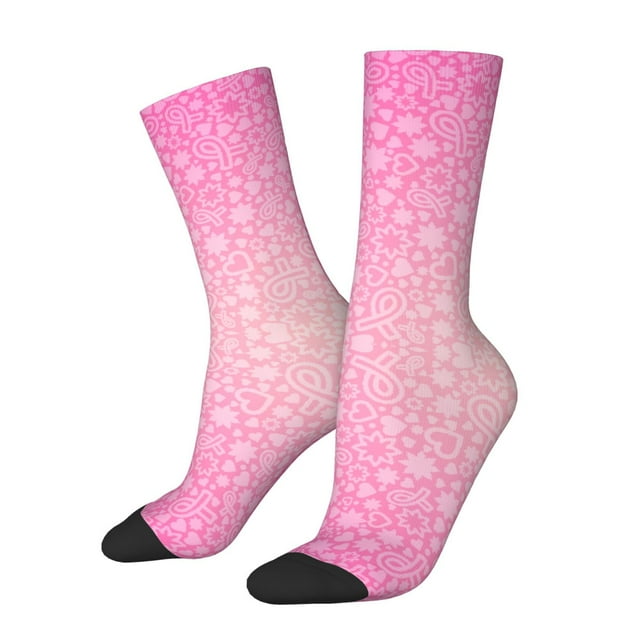Wukai Chaussettes Mi-Mollet Imprimées avec Rubans Roses pour Cancer du Sein, Design Imprimé 3D, Chaussettes pour Adultes, Haute Élasticité, Respirantes, Sport, Adaptées pour Usage Quotidien, Unisexe