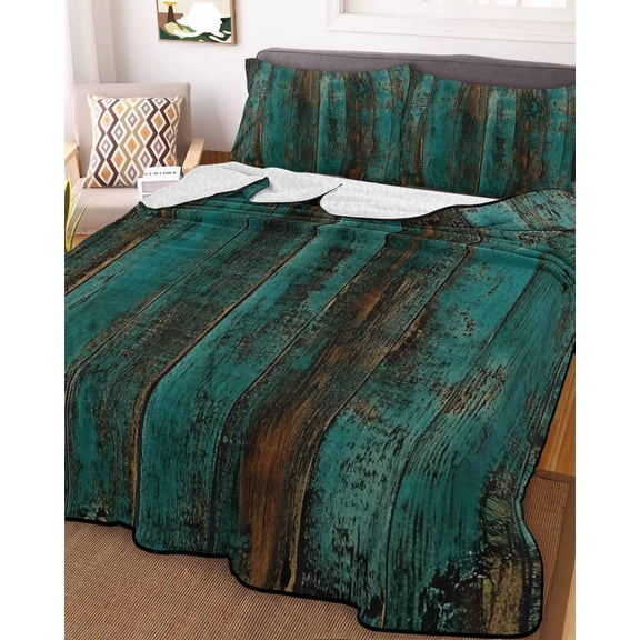 Teal Brown Plank Full Size Down Alternative Comforter, Lightweight Comforter Quilt Bedding Set with Pillow Shams Vintage Chic Shabby Wooden Grain All Seasons Bed Comforter Duvet Insert 78"x90"