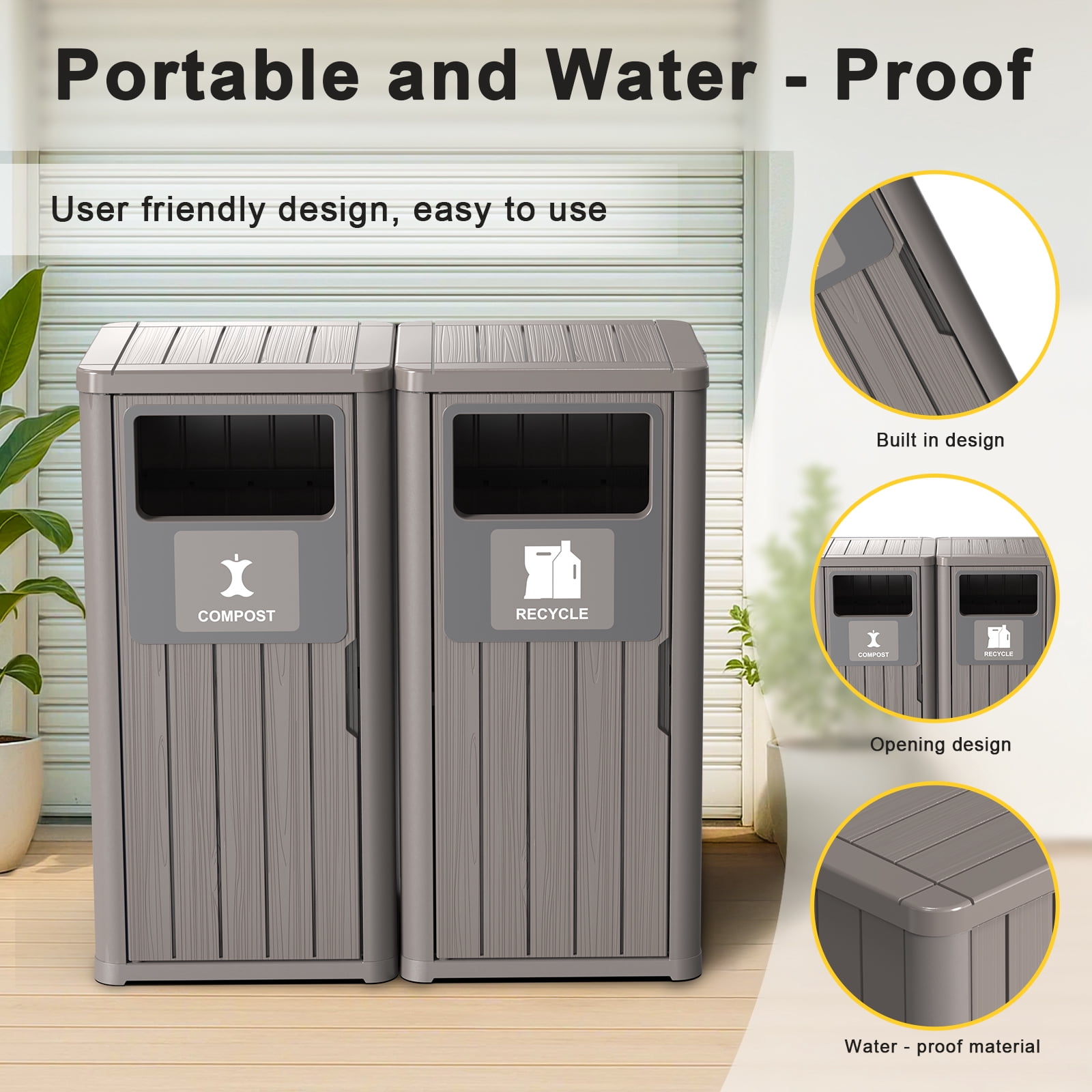 Outdoor Single Barrel Trash Can,Waterproof Resin Garbage Can with Garbage Labels,Durable Waste Bin for Porch, Backyard,Kitchen,for 30 to 39 Gallon Trash Bags（Gray，2)