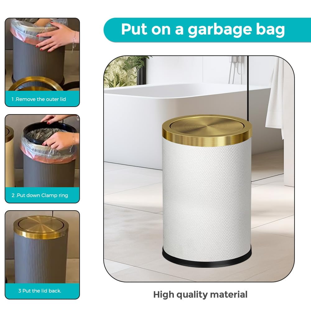2.4 Gallon Bathroom Trash Can with Lid, Pu Leather Modern Garbage Can, Round Decorative Waste Basket, for Near Desk, Powder, Bedroom, Hotel, Office, Home