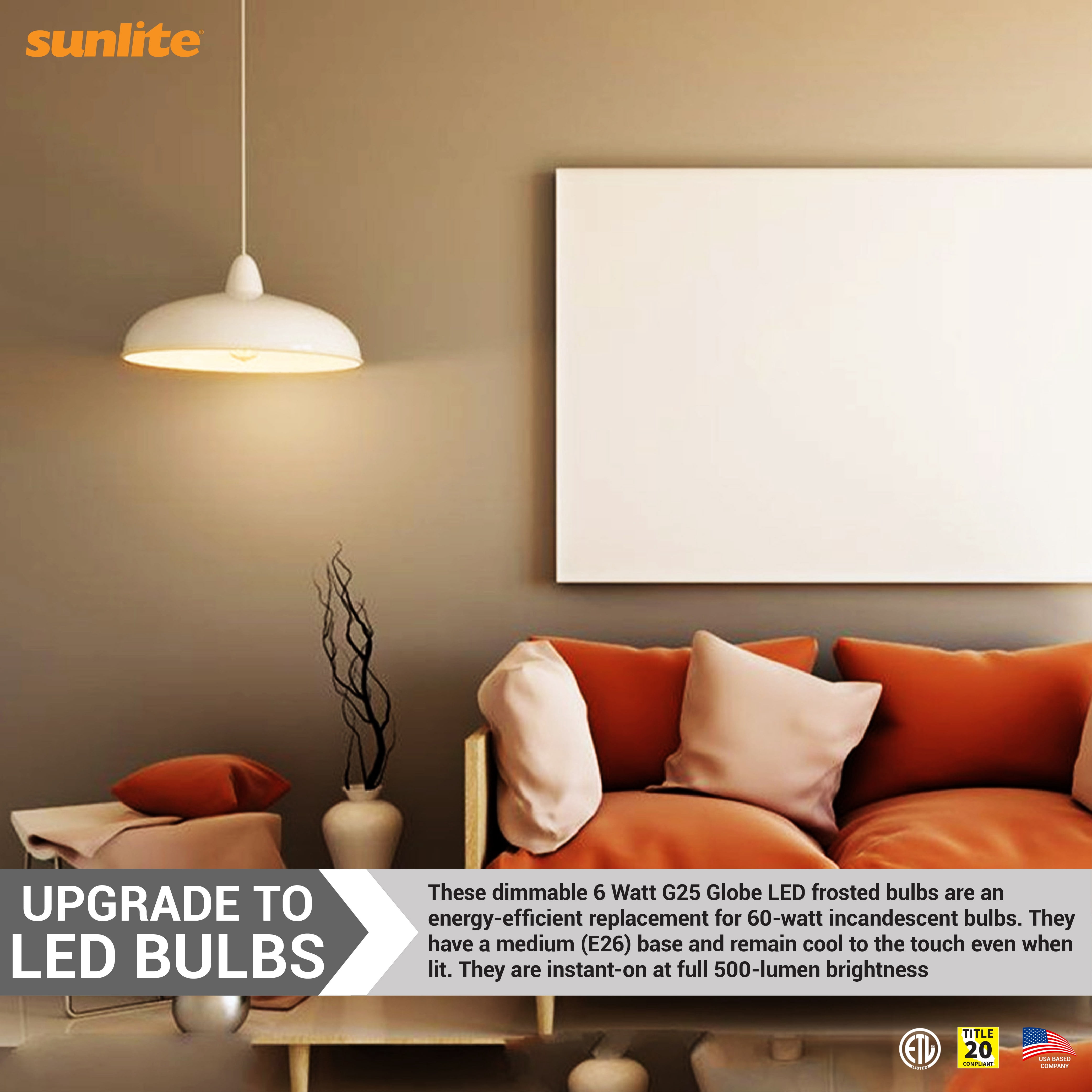 Sunlite LED G25 Globe Light Bulb, 6 Watts (60W Equivalent), Standard E26 Base, 500 Lumens, Dimmable, Frosted, 90 CRI, ETL Listed, 2700K Soft White, 6 Pack