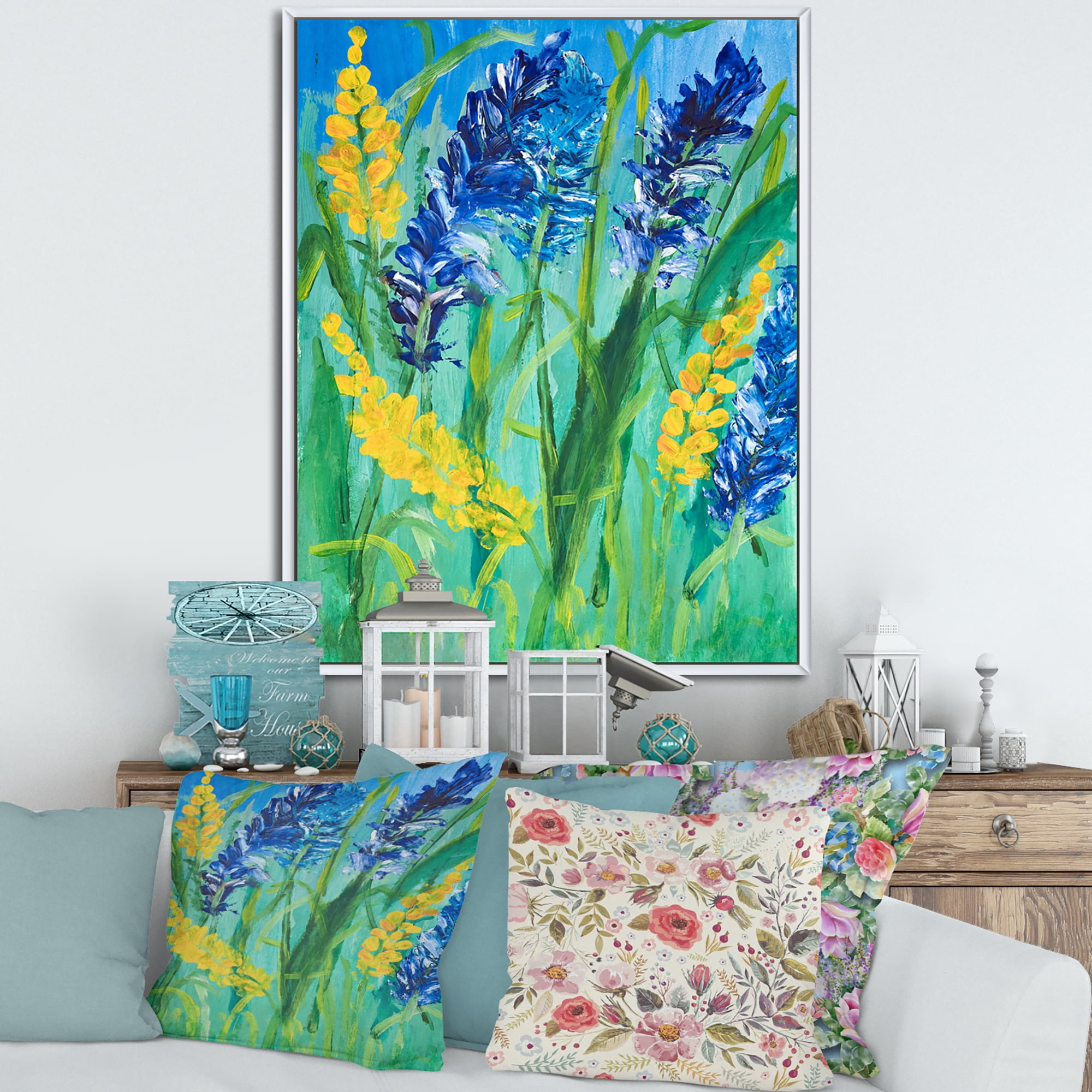 Yellow and Blue Wild Flowers and Grass Gouache 16 in x 32 in Framed Painting Canvas Art Print, by Designart