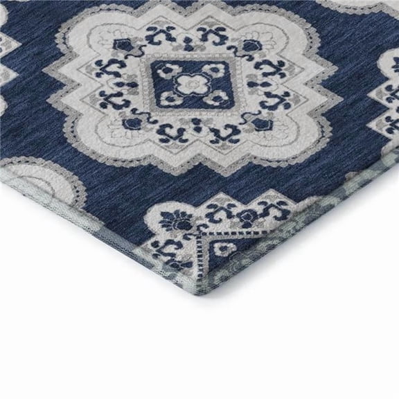 HomeRoots 669881 8 x 10 ft. Navy Blue & Ivory Medallion Transitional Washable Machine Made Rectangle Area Rug with UV Protection