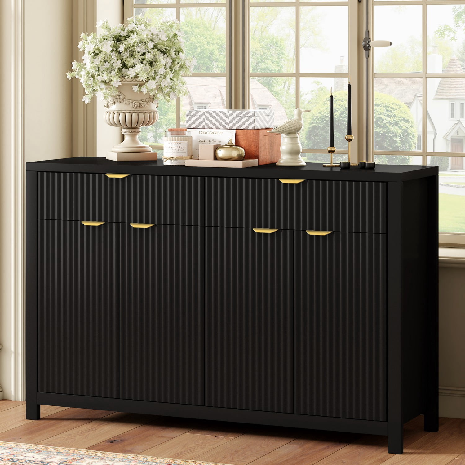 Modern 55.1" Sideboard Buffet Cabinet, 2 Drawers 4 Doors Storage Credenza with Adjustable Shelves, Wave-Pattern MDF Cabinet for Living Room Dining Entryway, Black