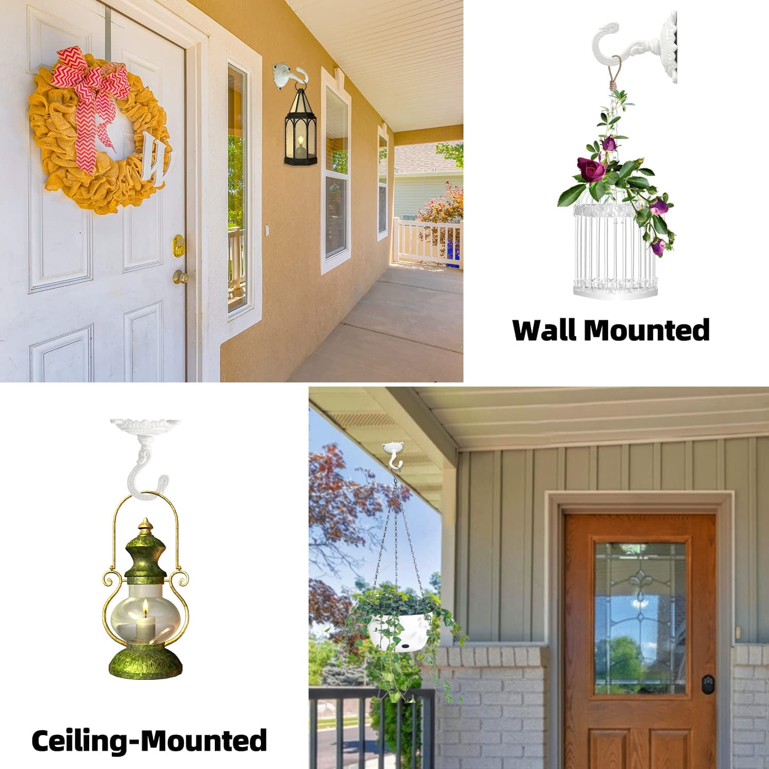 Sungmor Ceiling Hooks for Hanging Plants, 2PC White Cast Iron Ceiling Hooks, Antique Decorative Ceiling Swag Hooks for Hanging Planter Chandelier Wind Chime Lantern Hanger