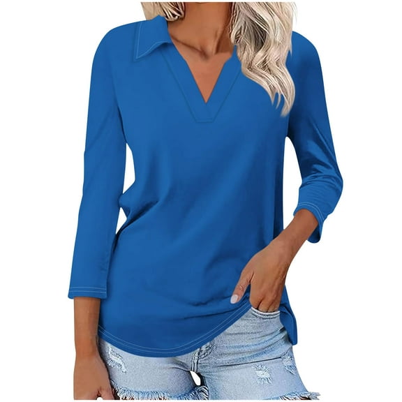 MIUOWANP Women's 3/4 Sleeve Tops Classic Solid Color Easy to Mix and Match Lapel V-Neck Business Casual Blouse Size XXL(12)Dark Blue