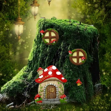 Edgergery Miniature Fairy Garden Accessories Mushroom Fairy Door and Windows for Trees,Glow in The Dark Yard Garden Sculpture Lawn Ornament Accessories with Fairy Lantern,Christmas Deals