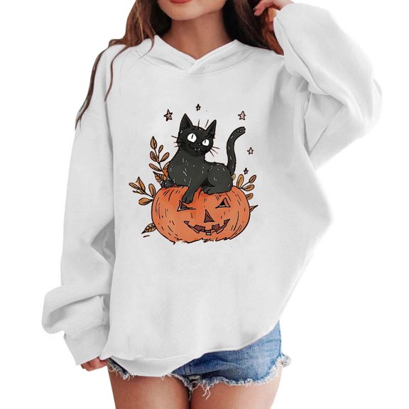 Gamivast Halloween Cat Graphic Hoodies for Girls Cute Pumpkin Print Long Sleeve Pullover Sweatshirts Spooky Season Fall Casual Novelty Hooded Tops with Pockets White 4 Years