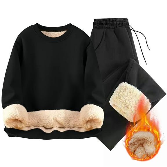 Dxzfnsa Winter 2 Piece Sets Men's Casual Solid Color Fleece Sweatsuits Keep Warm Long Sleeve Round Neck Sweatshirts Drawstring Straight Leg Sweatpants with Pockets