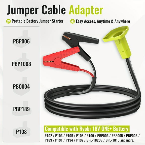 Portable Car Jump Starter Cables - Compatible with Ryobi 18V Battery, 5.9ft 8AWG Heavy-Duty Booster Cables, Reliable Connectors-Lightweight Roadside Assistance Tool for Car Owners No Battery Included