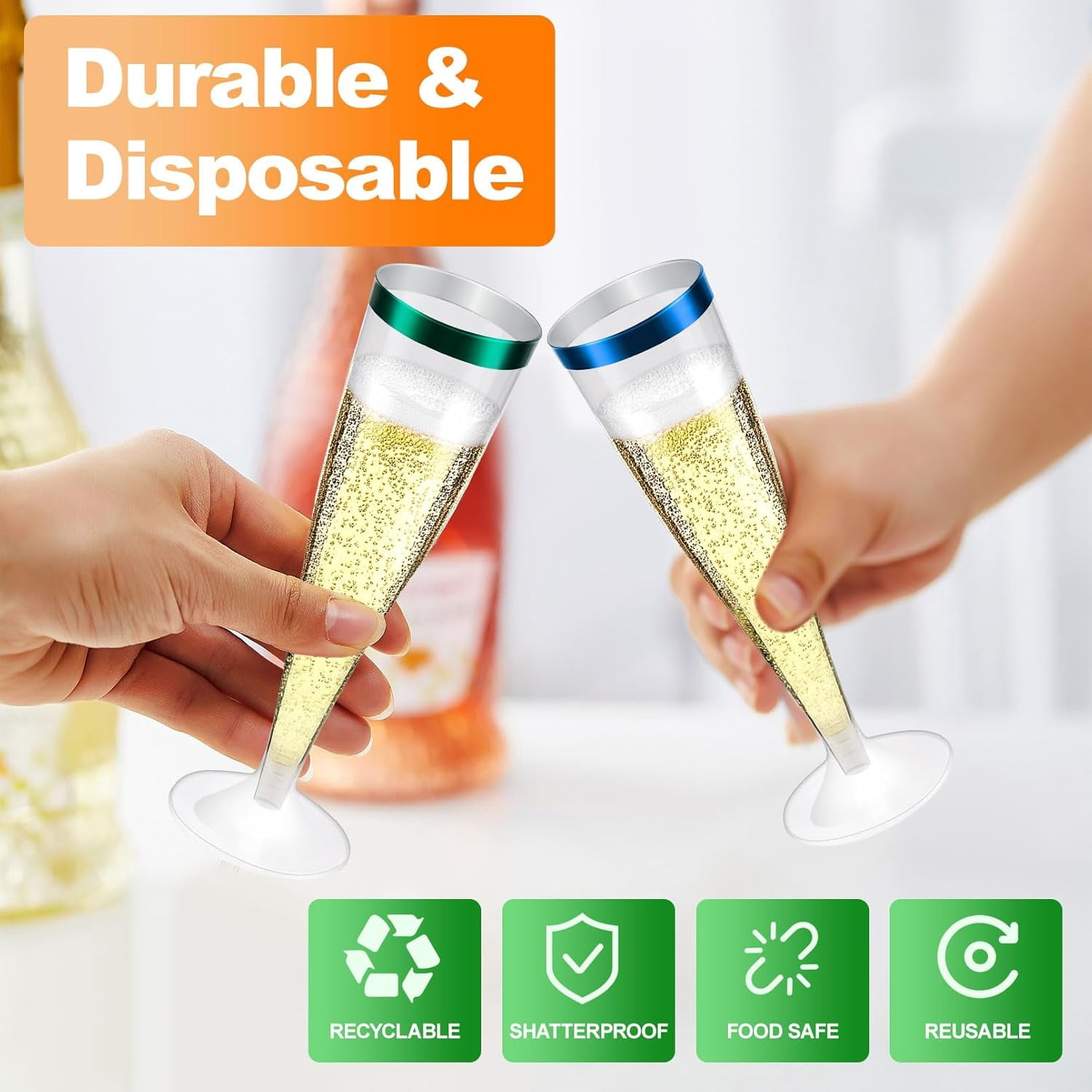 100 Pcs Plastic Champagne Flutes,4.5oz Plastic Champagne Glasses,Clear Disposable Champagne Flute,Plastic Toasting Glasses for Parties Wedding Drinking Party Cocktail Cups (Purple)