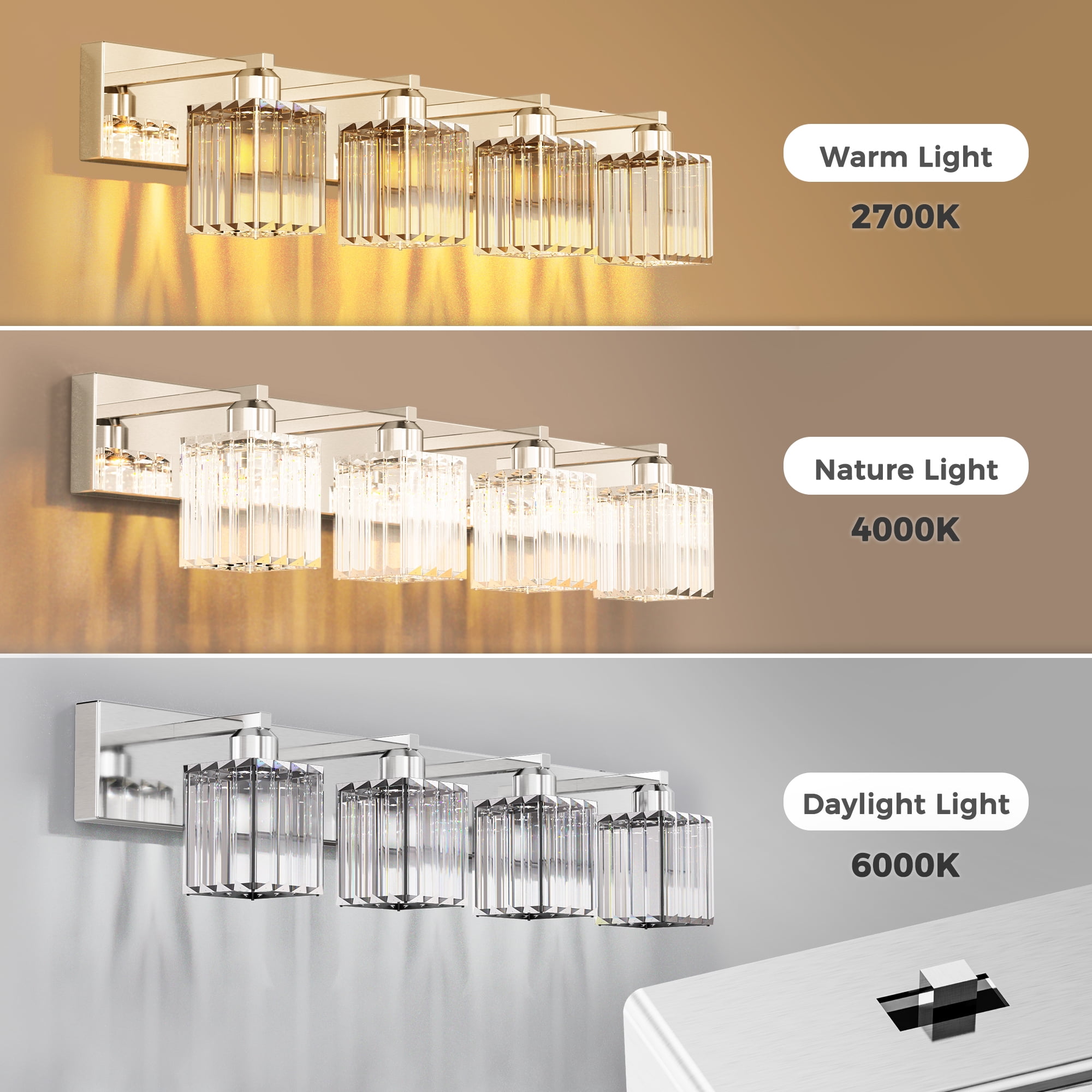 YANSUN 32.3-inch 4-Light Vanity Mirror Light with 3CCT, 20W Integrated LED, Crystal Glass Shade for Bathroom, Makeup Vanity