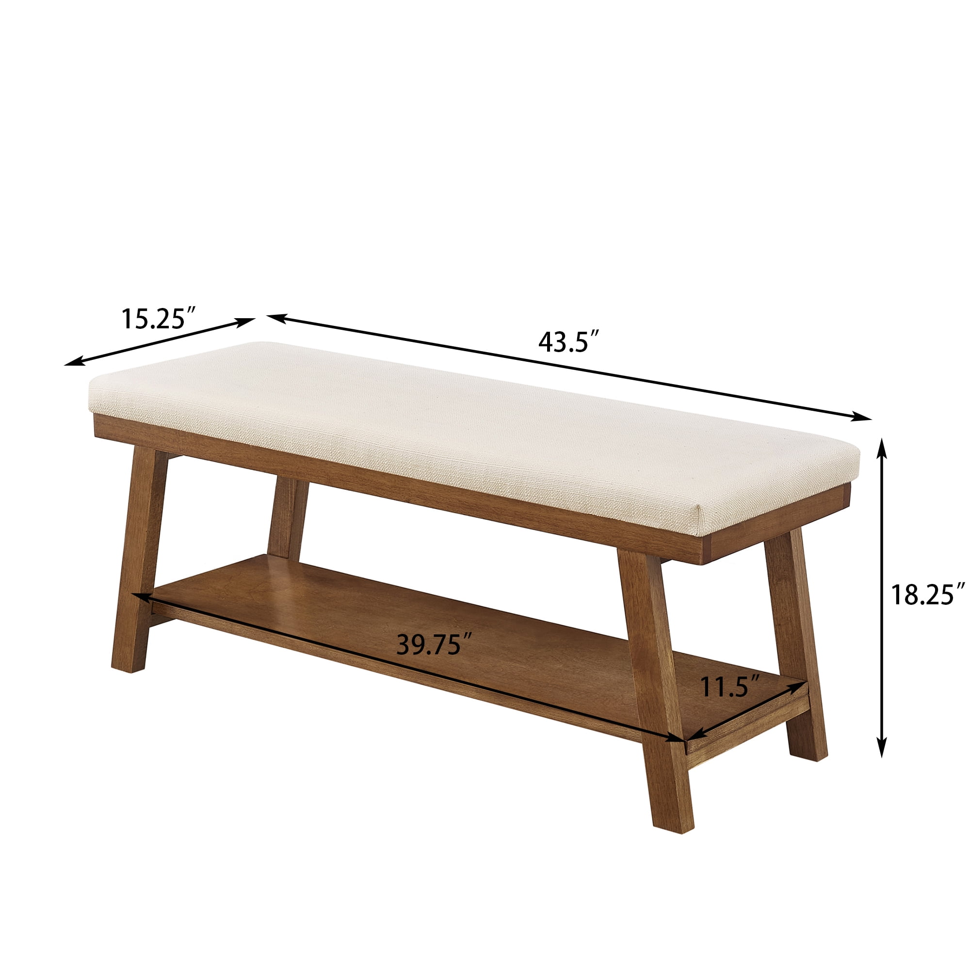 Leumius Upholstered Bench with Storage Shelf,Modern Linen Fabric with Cushioned Seat for Bedroom, Entryway, Living Room,350 lbs Capacity,Ivory