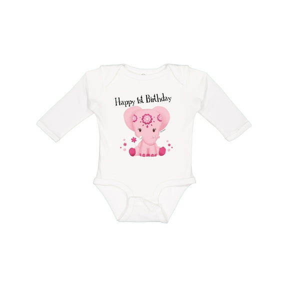 Inktastic Aditi 1st Birthday Elephant Pink Cute Boys or Girls Long Sleeve Baby Bodysuit