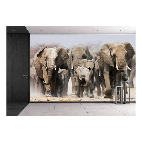 wall26 - Large Herd of Elephants Approaching Over The Dusty Plains of Etosha - Removable Wall Mural | Self-Adhesive Large Wallpaper - 66x96 inches