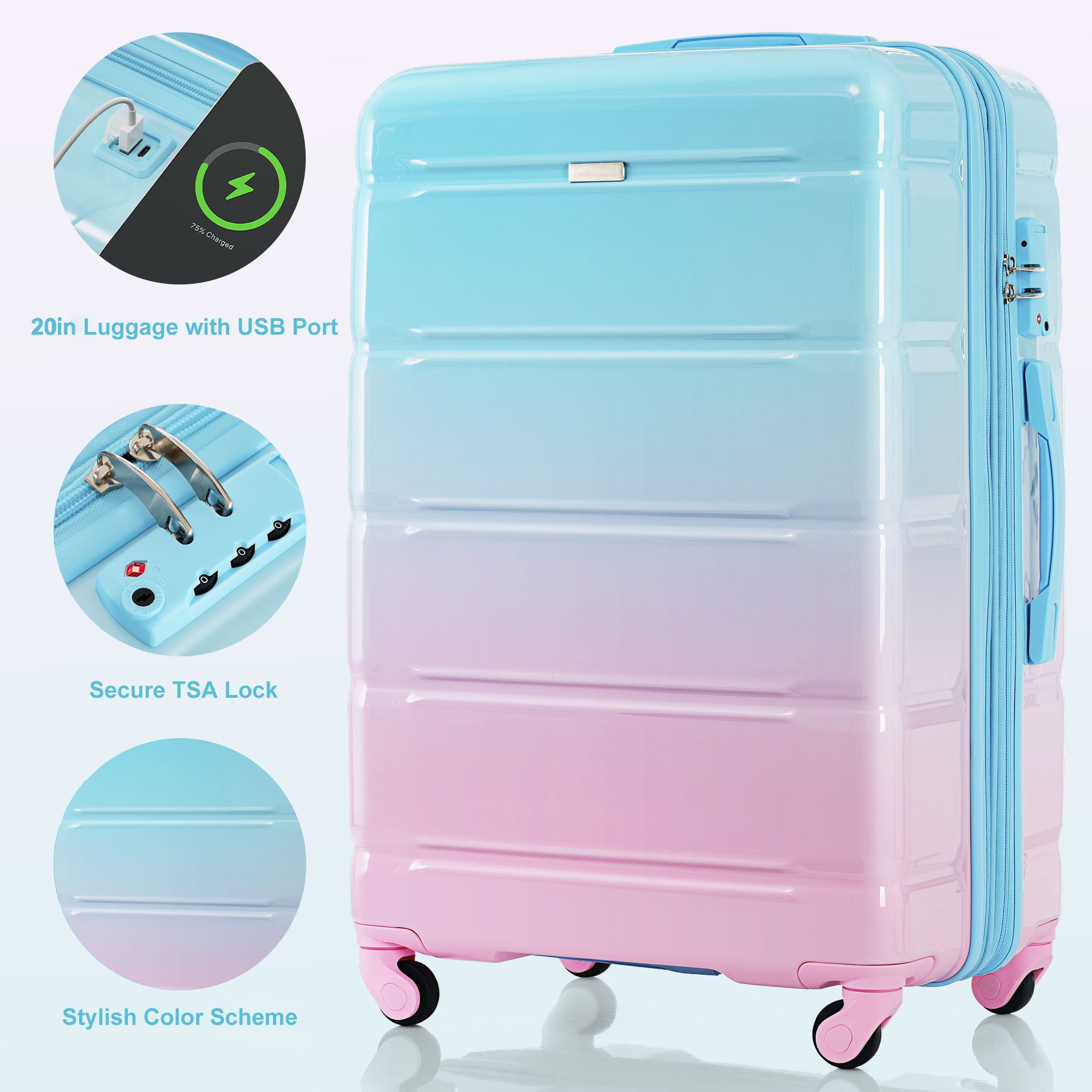 3-Piece Luggage Set, 20 Inch Airline Approved Carry-On with USB Port, ABS+PC Hardshell Suitcase with 360° Spinner Wheels & Side Hooks