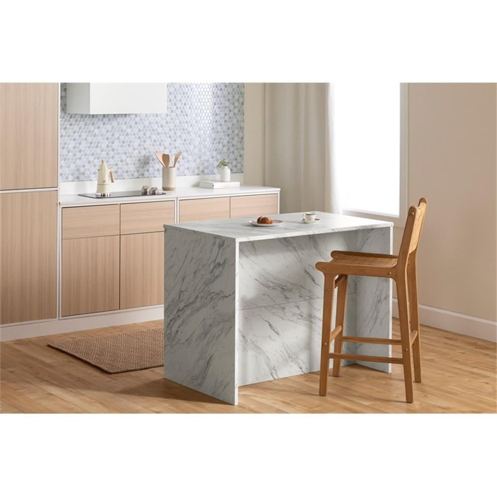 South Shore Myro, Contemporary Kitchen Island, Faux White Marble and White