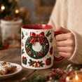 thumbnail image 3 of Novryn Christmas Coffee Mug, 2D Ceramic Cup With Raised Wreath Design for Coffee and Milk, 10 oz, Red, 3 of 7