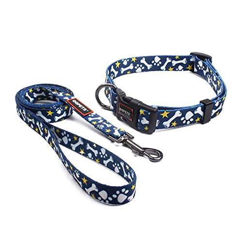 Size Medium Adjustable Blue Nylon Bones Dog Collar and Leash Set 
