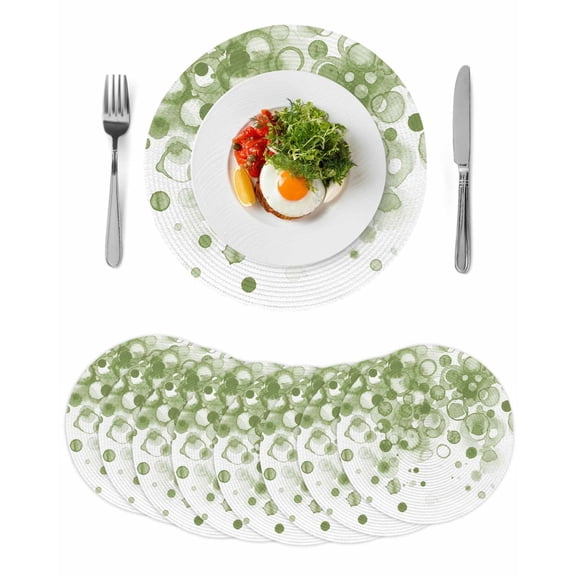 Sage Green Gradient Round 13 Inch Placemats Set of 8, Abstract Polka Dots Vintage Modern Art HeatResistant Non Slip Place Mats for Dining Table, Wipeable Braided Kitchen Table Mats for Housewarming
