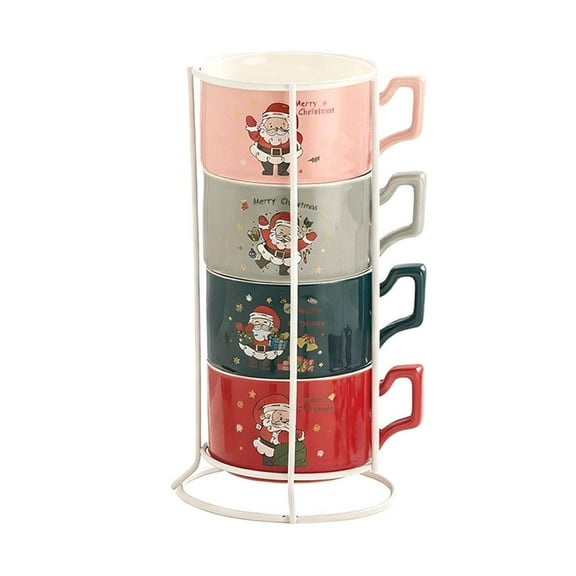 Set of 4 Christmas Mugs with Metal Rack,11Oz Ceramic Stackable Coffee Mug,Stackable Christmas Theme Mug,Stoneware Holiday Mugs for Coffee,Tea,Milk,Cold & Hot Drinks,Gift for Colleagues Friend