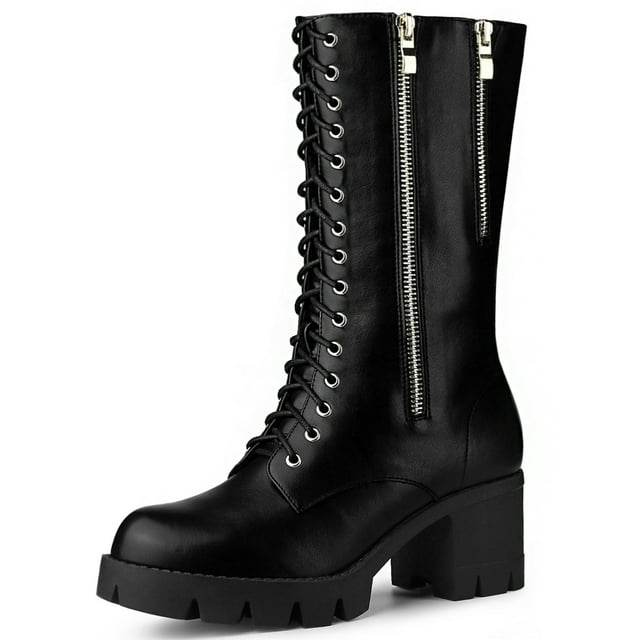 Unique Bargains Bottes de Combat Mi-Mollet à Plateforme à Lacets à Talons Épais pour Femmes