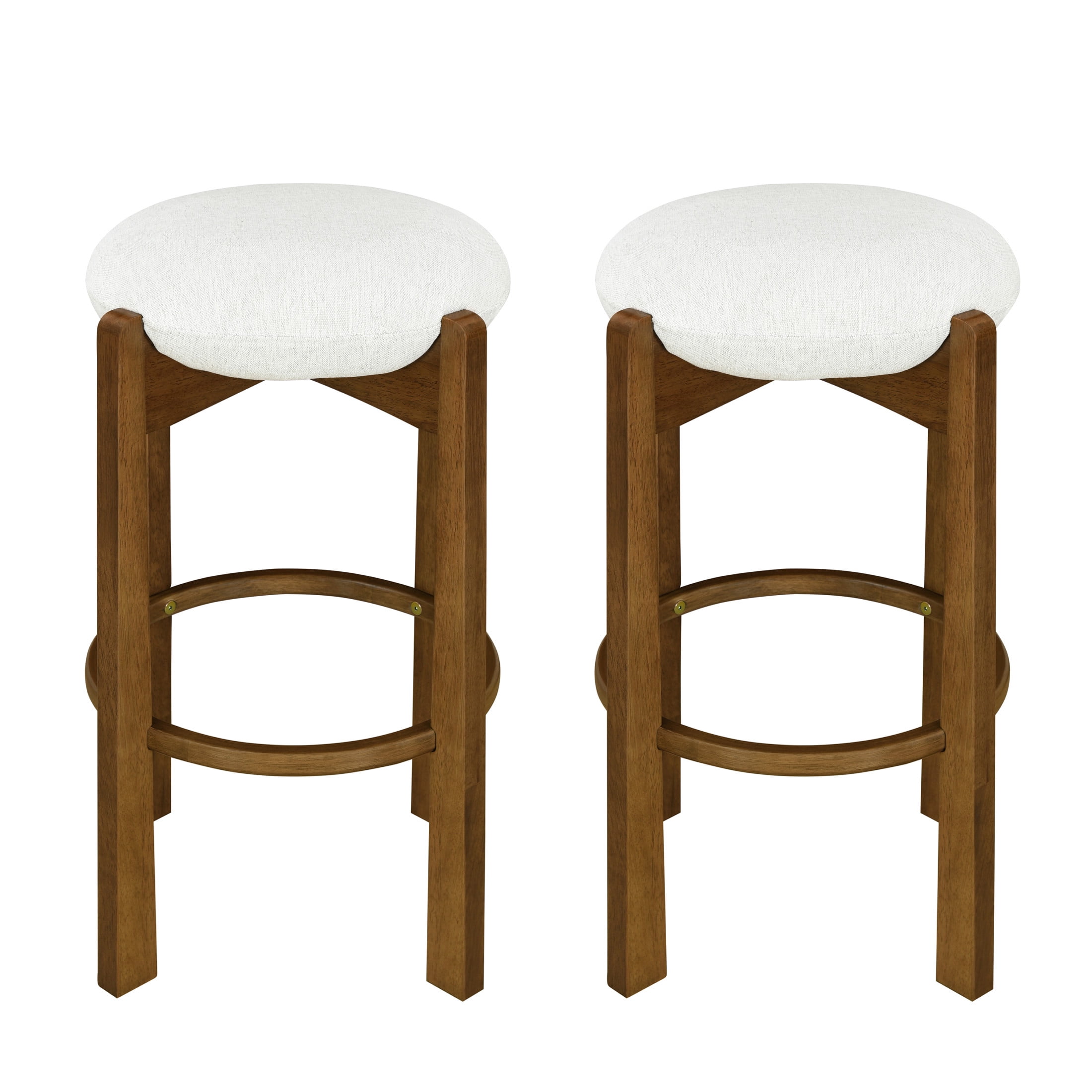 Christopher Knight Home 30" Round Upholstered Bar Stools, Wooden Frame, Dark Walnut + Ivory, Set of 2
