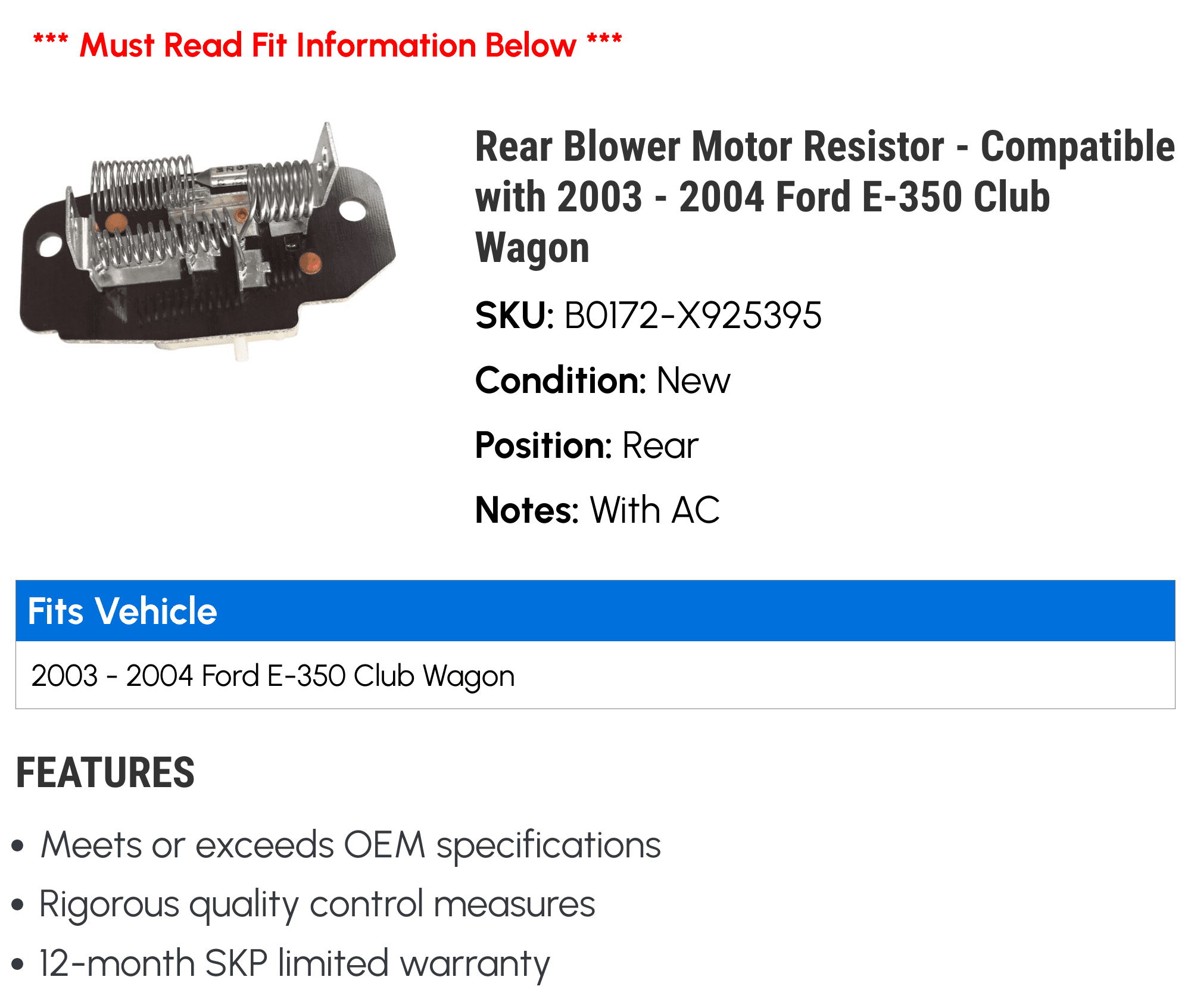 Rear Blower Motor Resistor - Compatible with 2003 - 2004 Ford E-350 Club Wagon