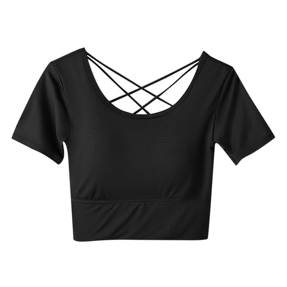 AherBiu Workout Tops for Women Built in Bra Cropped Tops Short Sleeve Crossover Back Yoga Cami Shirts