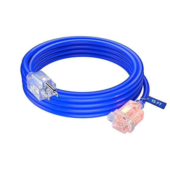 Extension Cord with Lighted Power Indicator l 15 Feet l (Blue) 16 Gauge, SJTW, Heavy Duty Extension Cord