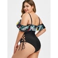 thumbnail image 4 of Rosegal Women Swimwear Plus Size Palm Print Lace Up Ruffled One-piece Swimsuit Black 3X, 4 of 4