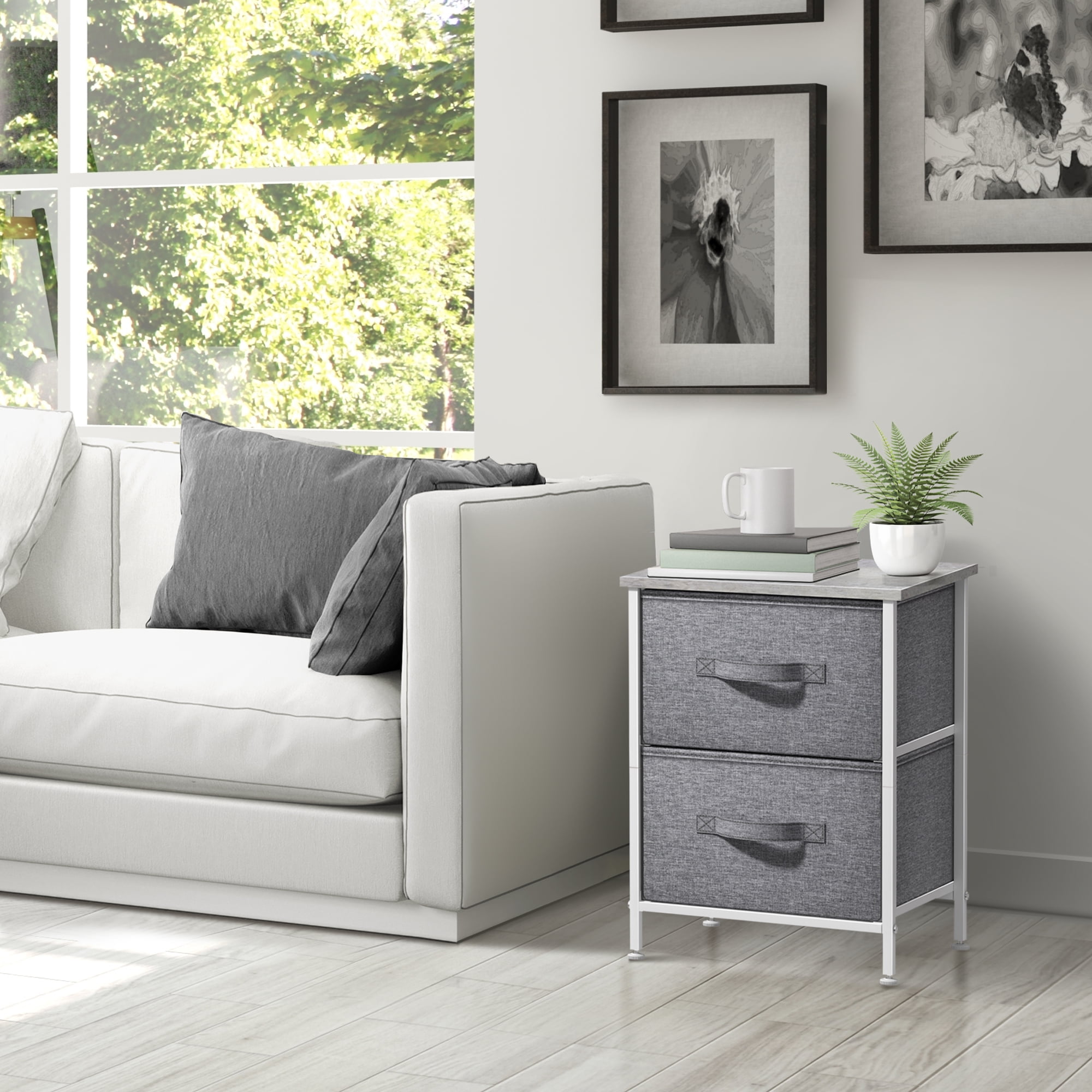 Sorbus Nightstand with 2 Drawers, Steel Frame, Wood Top, Fabric Bins, Gray