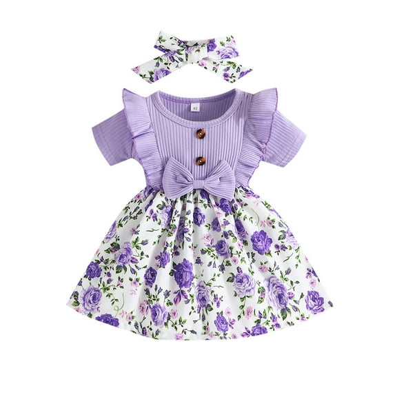 Yindaity Baby Girl Dress Summer Ruffle Sleeve Bowknot Floral Dresses Casual Sundress Purple,0-3 Months