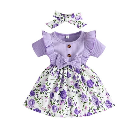 

Baby Girls Clothes Summer Outfits Short Sleeve Knitted Floral Dress Headband Two Piece Outfits for Teen Girls Big Girls Sweat Tops Teens Outfits for Girls Girls Active Suit 6 Month Baby Girl Outfit