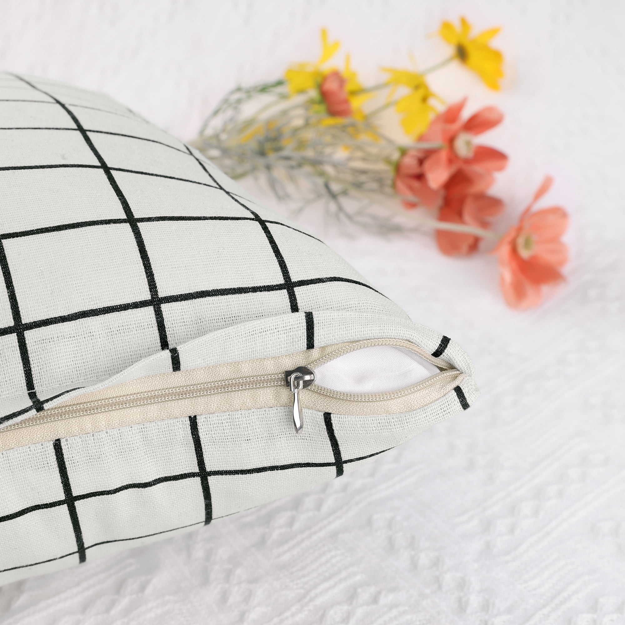 Unique Bargains Plaid Throw Pillow Covers Square Linen Cushion Pillowcase White 20" x 20"