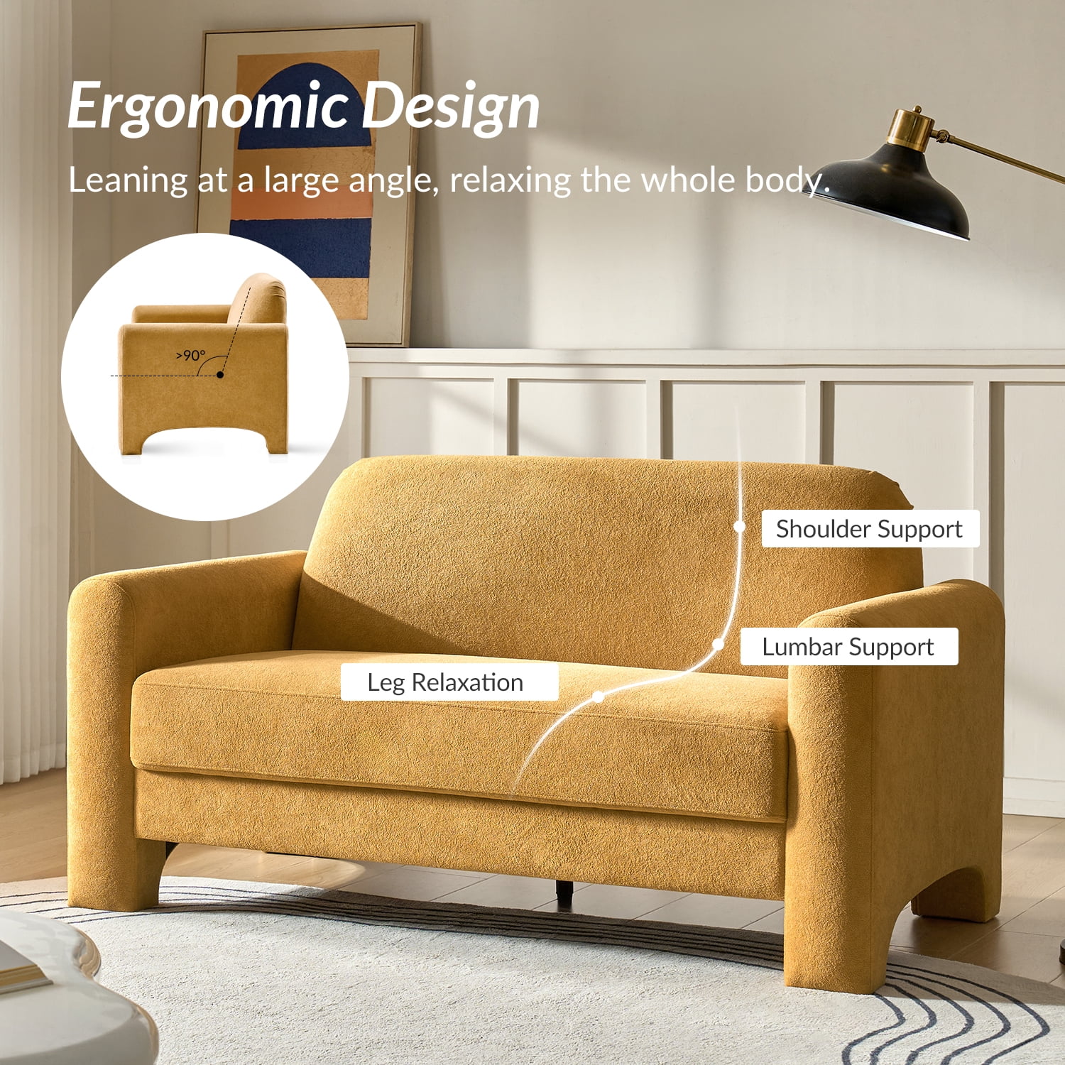 59" Modern Loveseat Sofa Chenille Fabric 2-Seater Couch with Curved Design for Small Space Living Room Camel