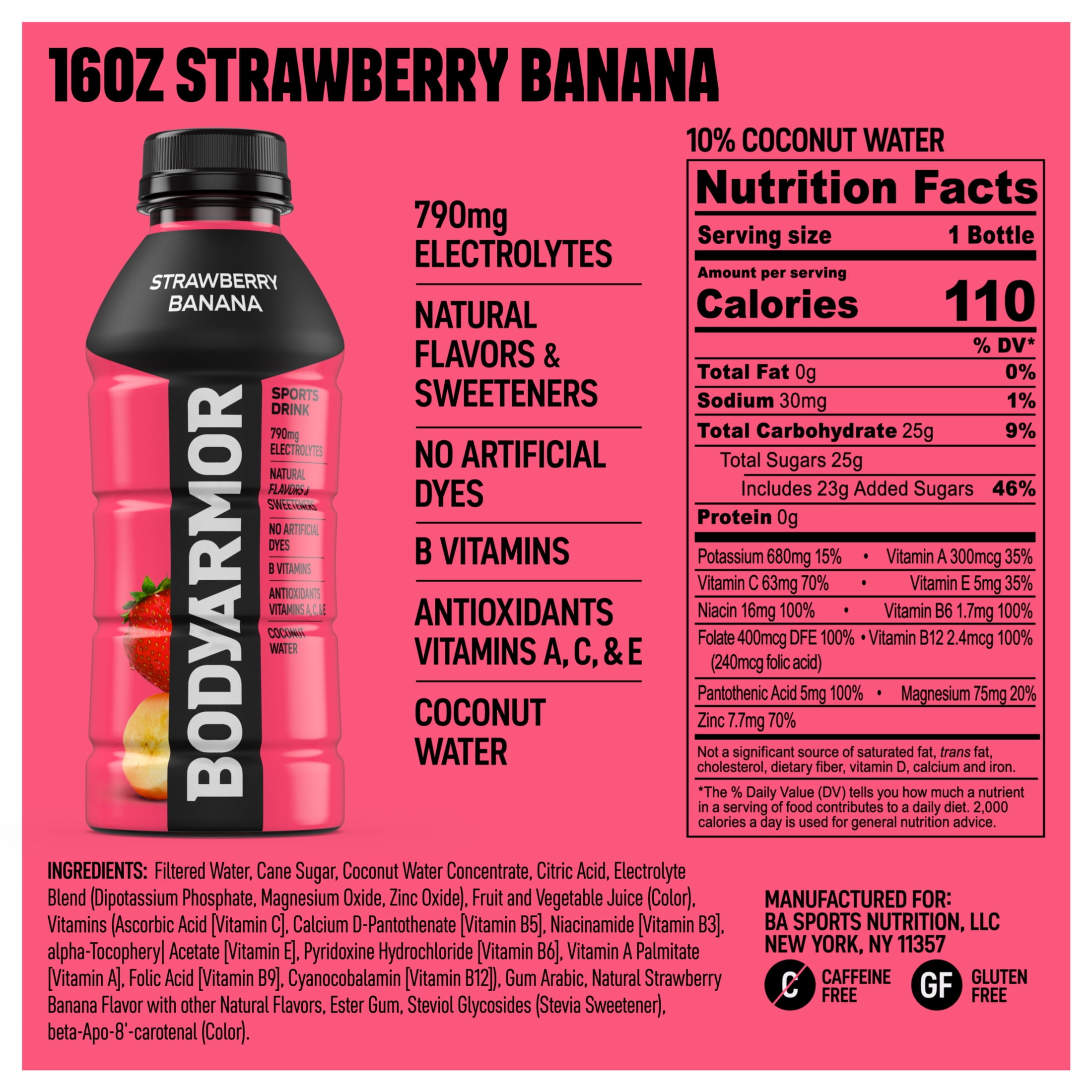 BODYARMOR Strawberry Banana Electrolyte Sports Drink Bottle, 16 fl oz