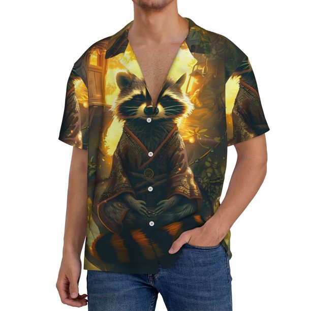 Balery Tree Meditating Raccoon Camisa Casual de Manga Corta con Botones para Hombre, Texturizada, Estilo Cubano, para Playa, Verano-4X-Large