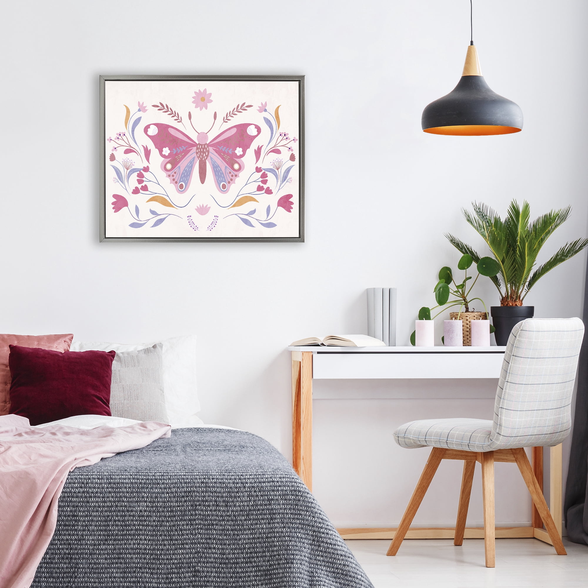 Stupell Industries Whimsical Folk Butterfly Gray Framed Floater Canvas Wall Art, design by Kim Allen