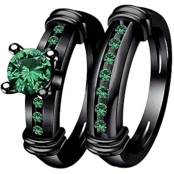 Rag Jewels 925 Sterling Silver 2.30 Ct Round Cut Emerald Wedding Engagement Thanksgiving Christmas Bridal Ring Set 14K Black Gold Plated For Women's -4