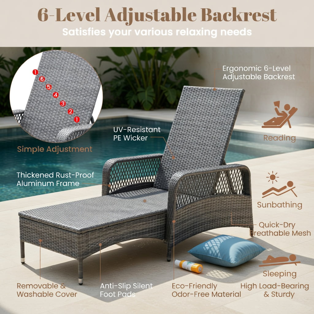 Hommoo Outdoor Chaise Lounge Chair with 6-Position Reclining Backrest, Gray PE Rattan, Heavy-Duty Metal Frame, Poolside Patio Lounger, Off-White