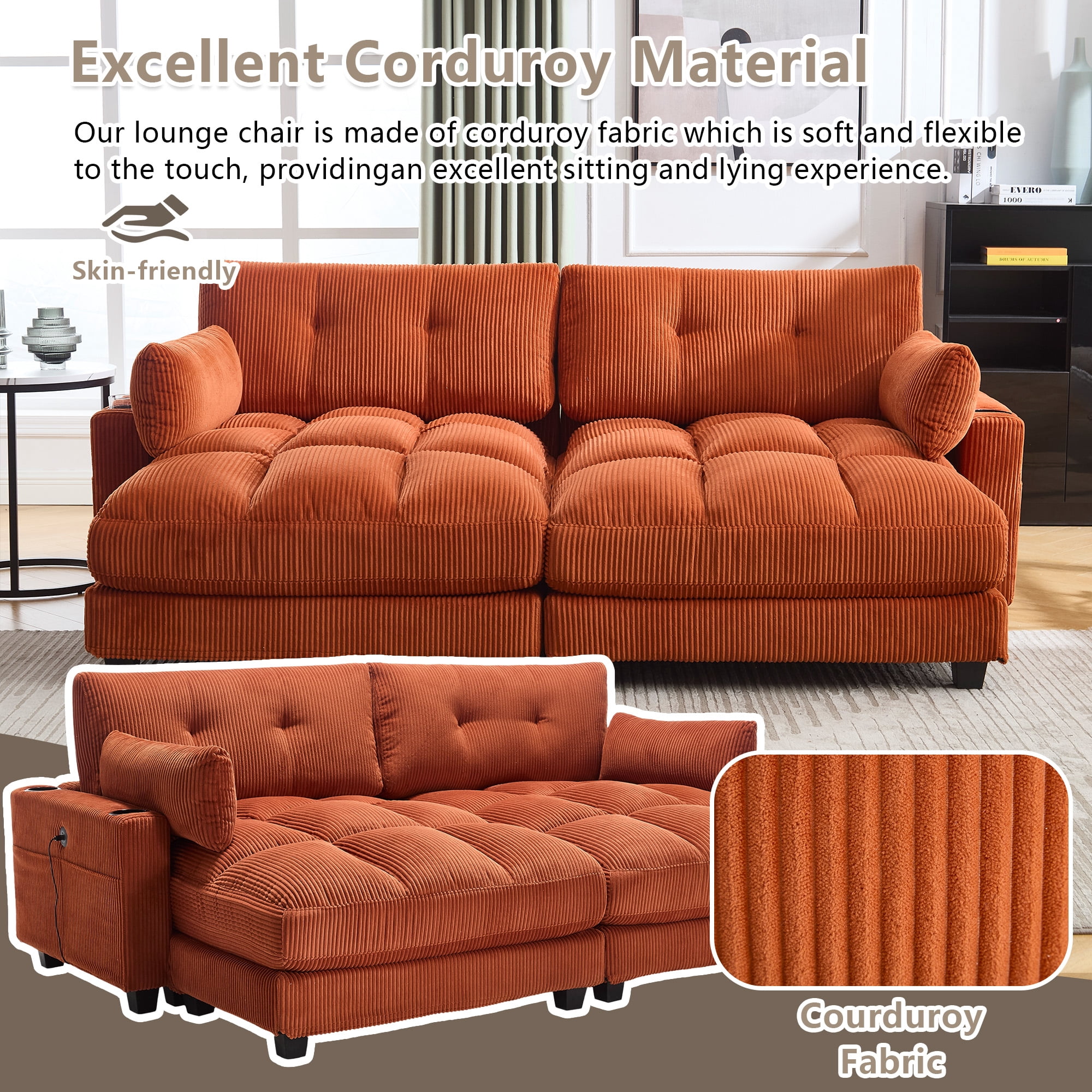 MOONMISS Corduroy Upholstered Soft Deep Seat Sleeper Loveseats Sofa with USB,Type-C&Cup Holders-Orange