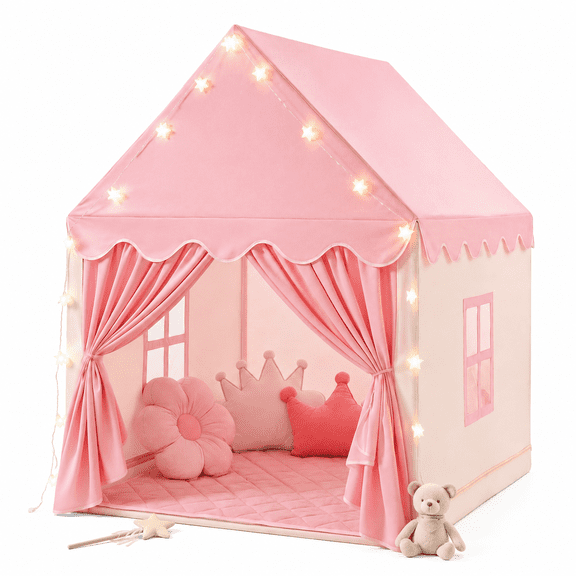 SweHouse Kids Play Tents Indoor & Outdoor for Girls Large Fairy Playhouse with Soft Rug and Star Lights for Toddlers Princess Castle Tent Gift Toys for Girl Toddler Children (Pink)