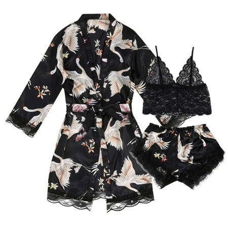 

wendunide pajama set for women Satin Silk Pajamas Women Nightdress Lingerie Robes Underwear Sleepwear Sexy Black M