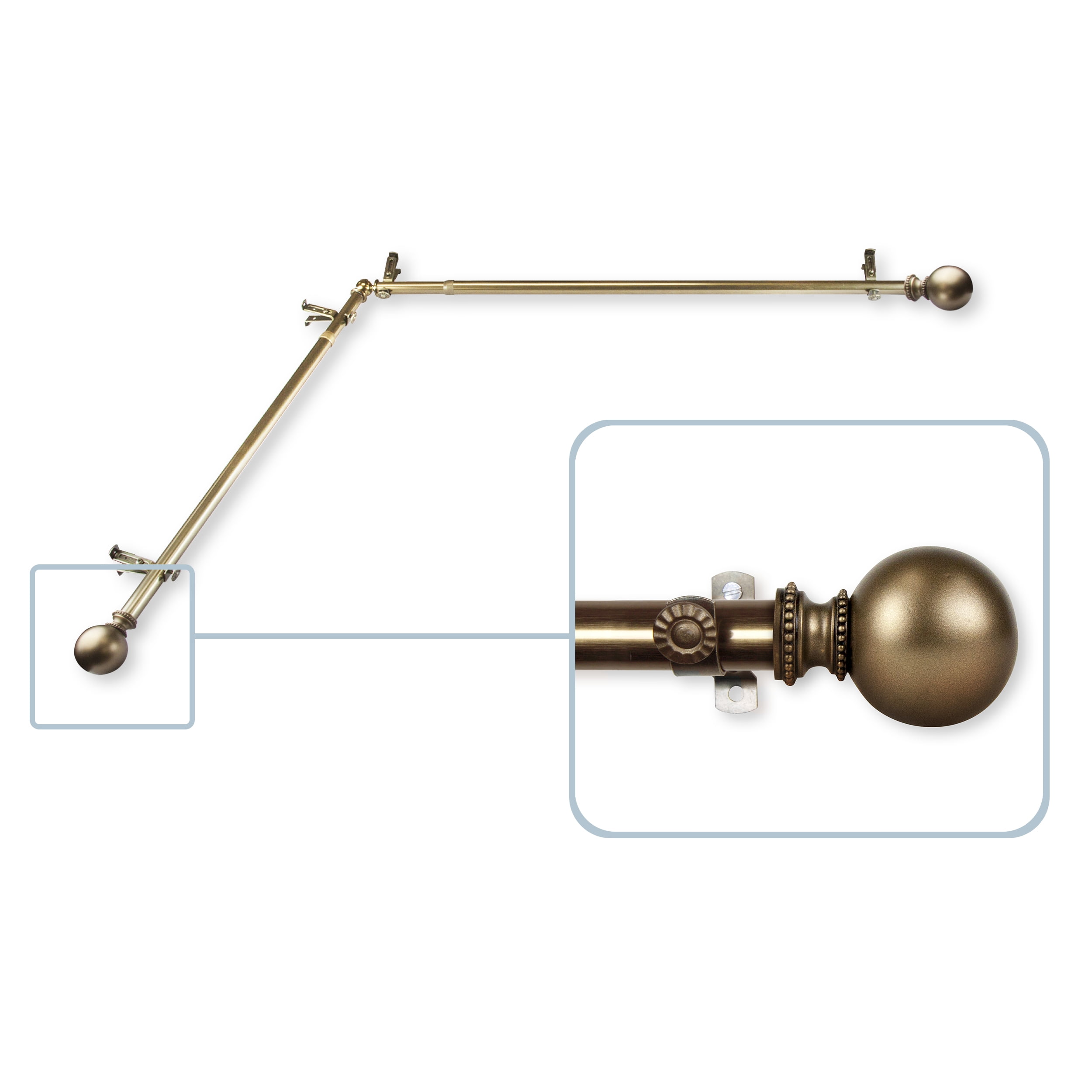 Central Design 4883-994-CORNER 0.8125 in. Julian Corner Window Curtain Rod with 120 to 170 in. Extension, Antique Brass