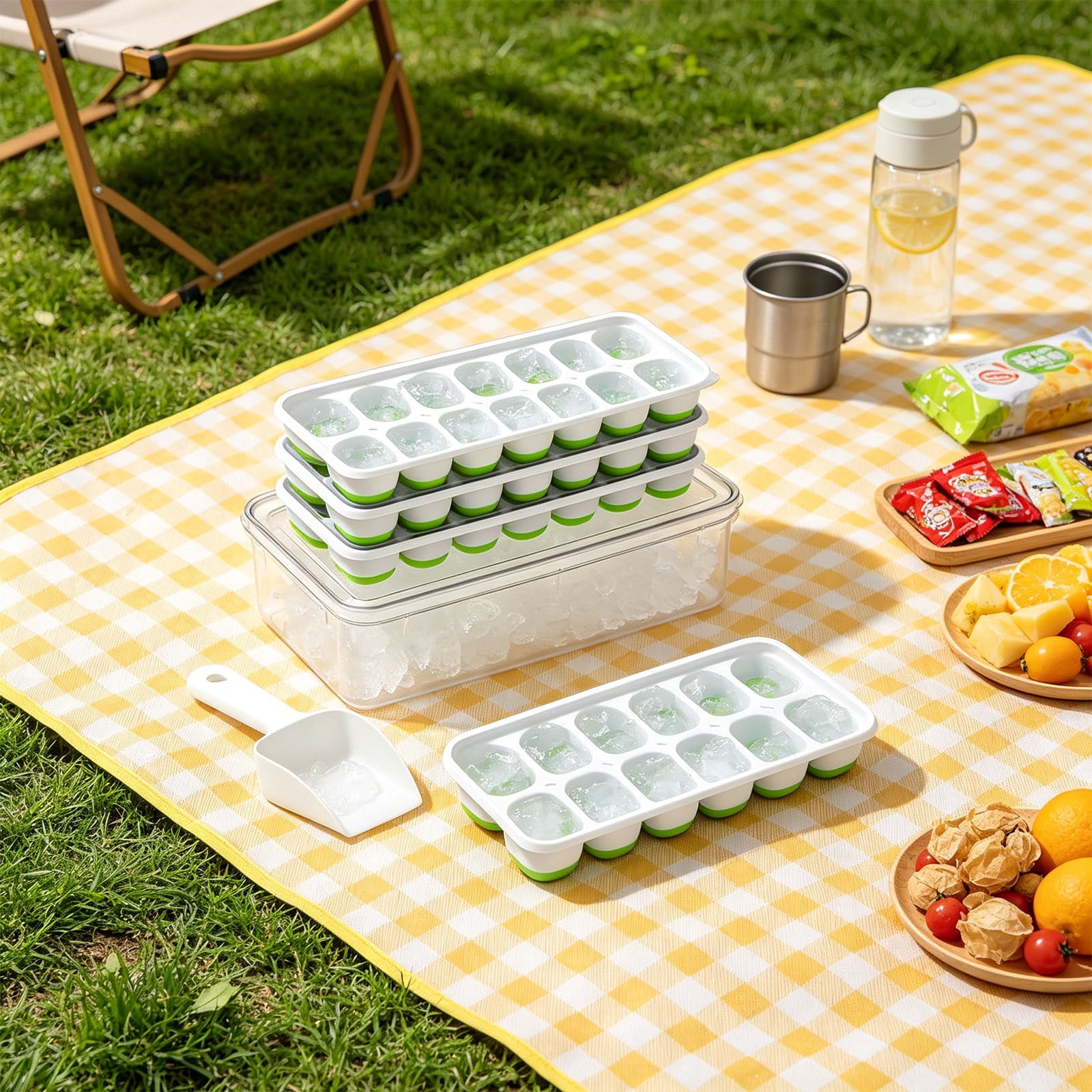 COM1950s Ice Tray Set with Storage Bin, Stackable Ice Tray with Lid and Container, Home Ice Maker Kit with Scoop, Freezer Ice Mold for Kitchen, Summer Portable Ice Box for Drinks