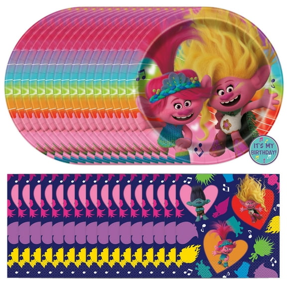 Unique Trolls Birthday Party Decorations with Plates, Napkins and Sticker, Serves 16