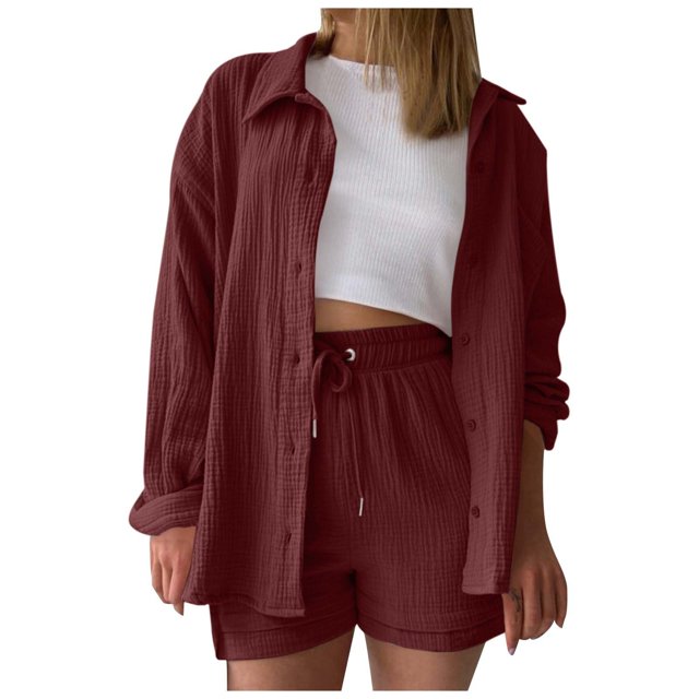 Fashion Set Womens Shorts Set Long Sleeve Shirt Suit Shorts Two Piece Set Basic Shirt Top And Shorts Set