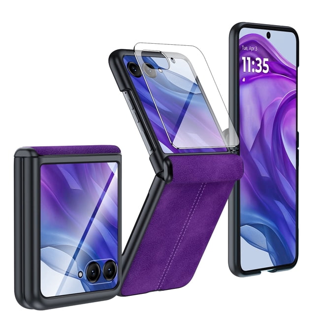 Vizvera para Motorola Razr 50 Ultra 2024/Razr 60 Pro 2025, con Protector de Pantalla y Funda de Teléfono a Prueba de Golpes de Cuero PU Ultrafino Mate PC - Morado